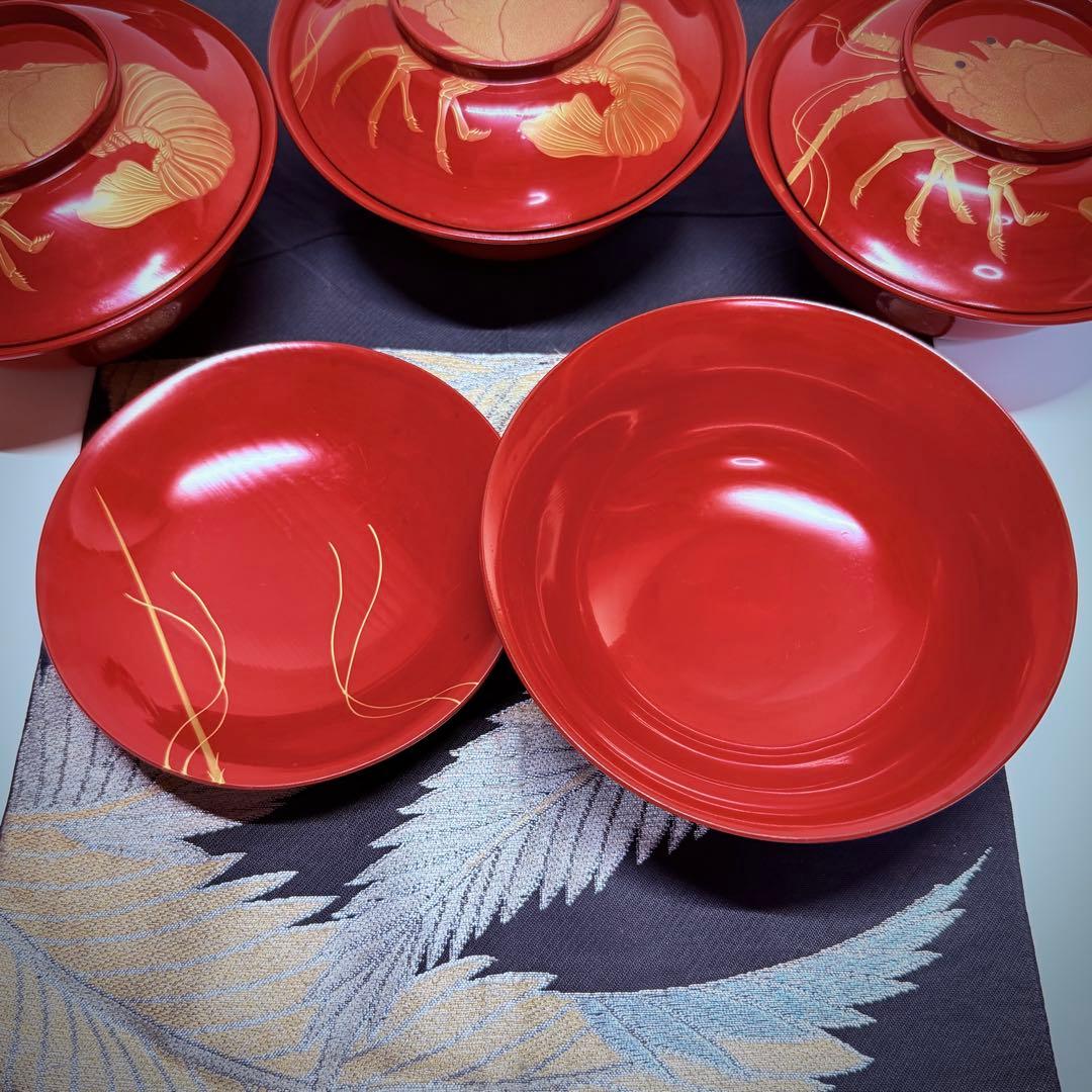 漆器輪島塗　金蒔絵金彩細工伊勢エビ図　木製　蓋付椀　お煮物椀　吸物椀　5客骨董品