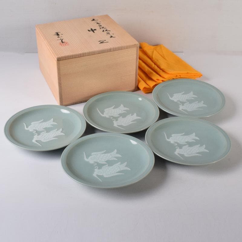京焼　清水焼　東山窯　宮永東山作　青磁　双魚文　皿　五客　共箱　C　7627