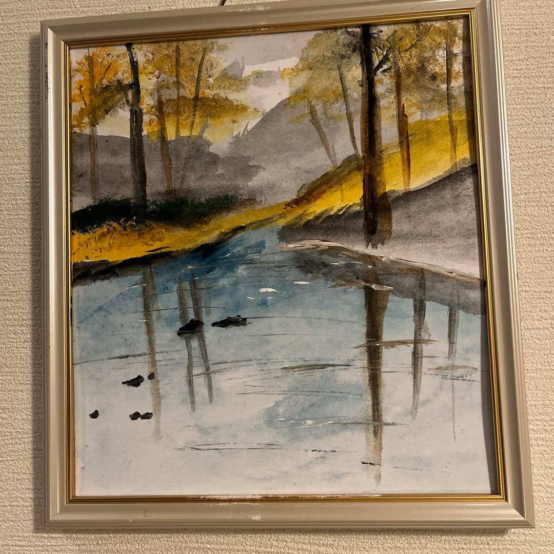 風景画 油彩画 自然の湖27cm25cmフレーム無