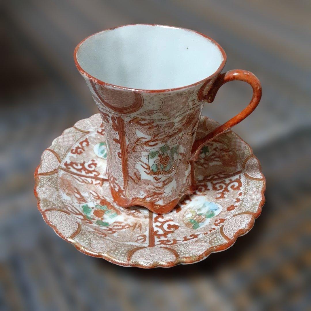 古い幕末明治超絶技巧カップ&ソーサーセット/金錦窓寿龍唐草青海波/卵殻手高級骨董