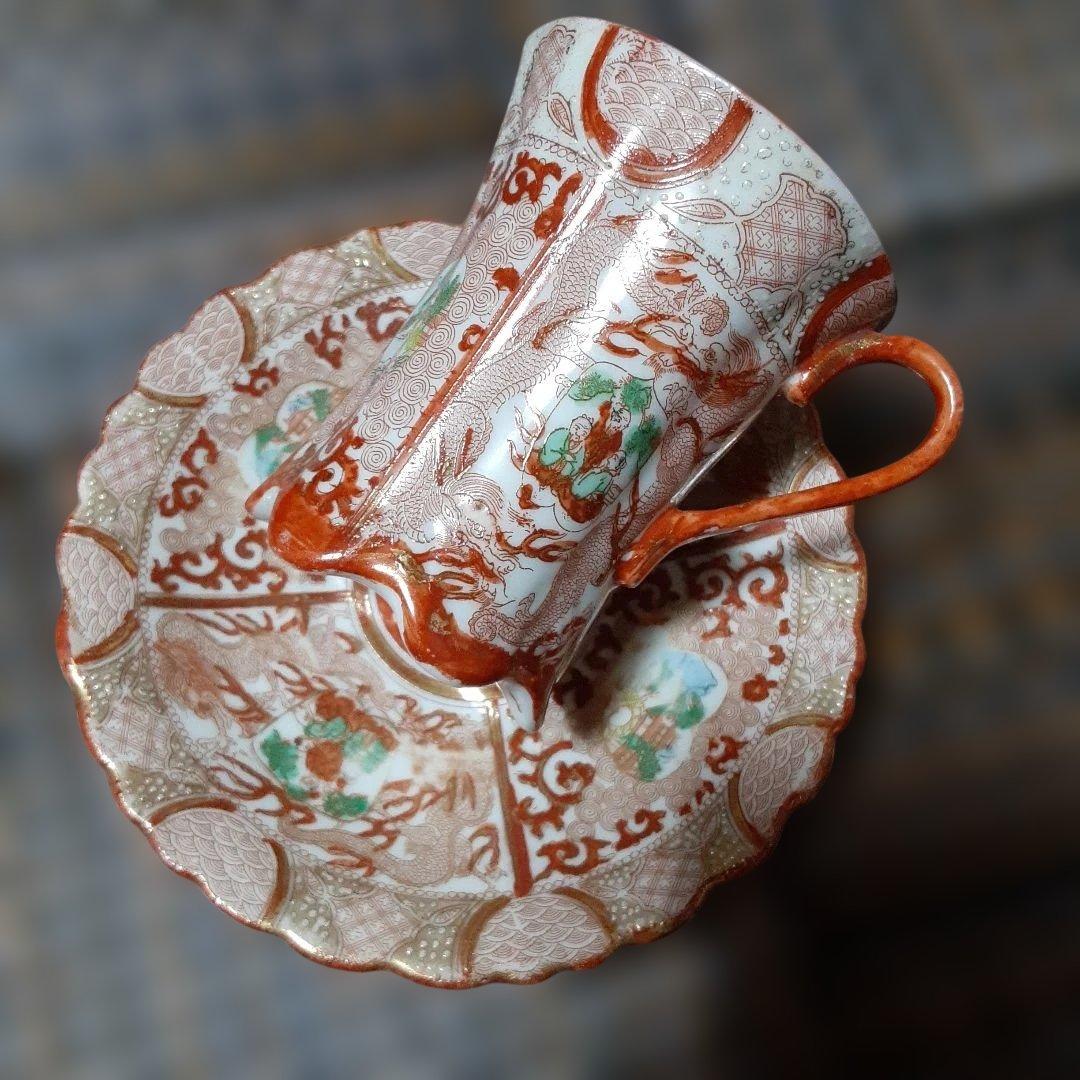 古い幕末明治超絶技巧カップ&ソーサーセット/金錦窓寿龍唐草青海波/卵殻手高級骨董