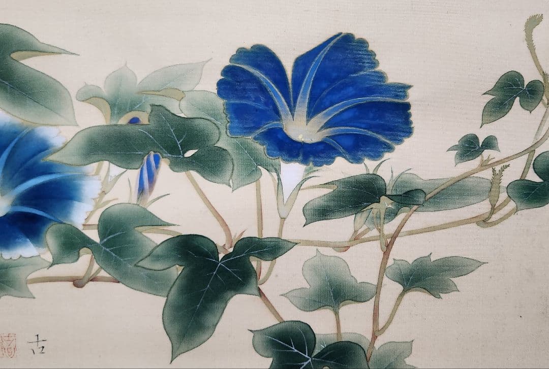 【朝顔に半月図】黒田古郷 2612 アサガオと月夜 掛け軸　肉筆