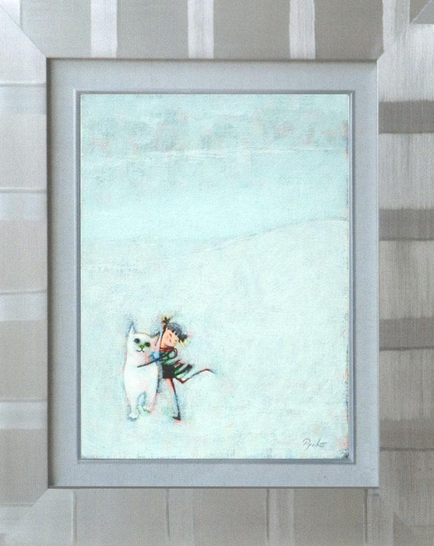 油絵 菅家令子 絵 絵画インテリア 額付(銀) F3-091918 子猫と女の子