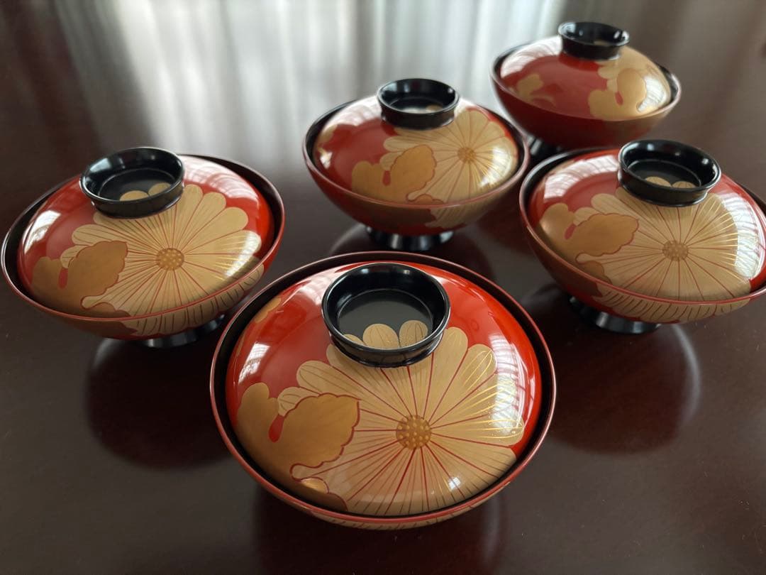 輪島塗 白水 菊紋様塗り椀 5客 アンティーク