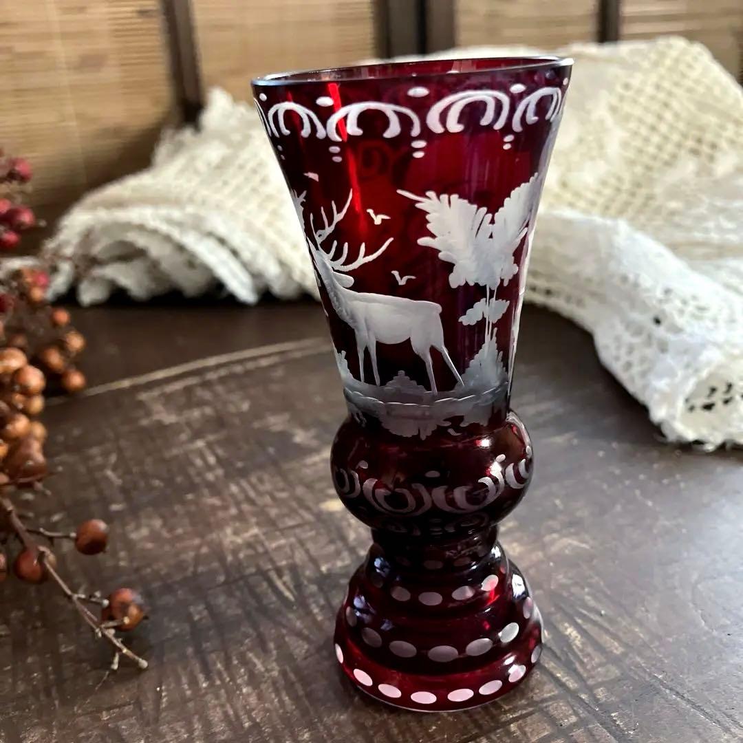 アンティークBohemian ボヘミアンガラス グラス鹿文 グラヴィール