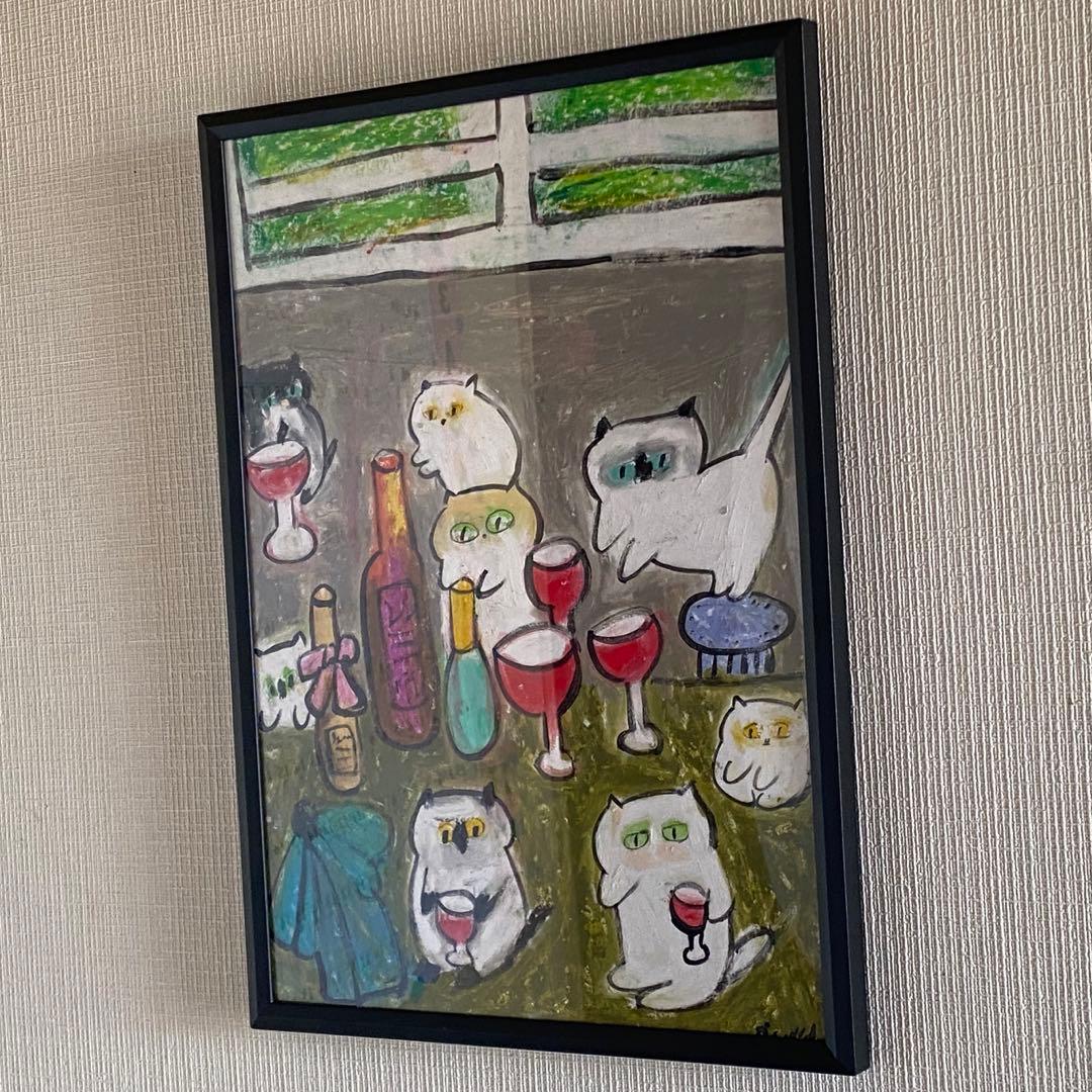 絵画 。壁掛け絵原画手描き【かわいい猫たちの楽しいワインパーティー】