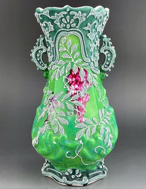 【希少】オールドニッポン 緑地藤紋一陳盛り花瓶 アールヌーボー様式 盛上げ 花器