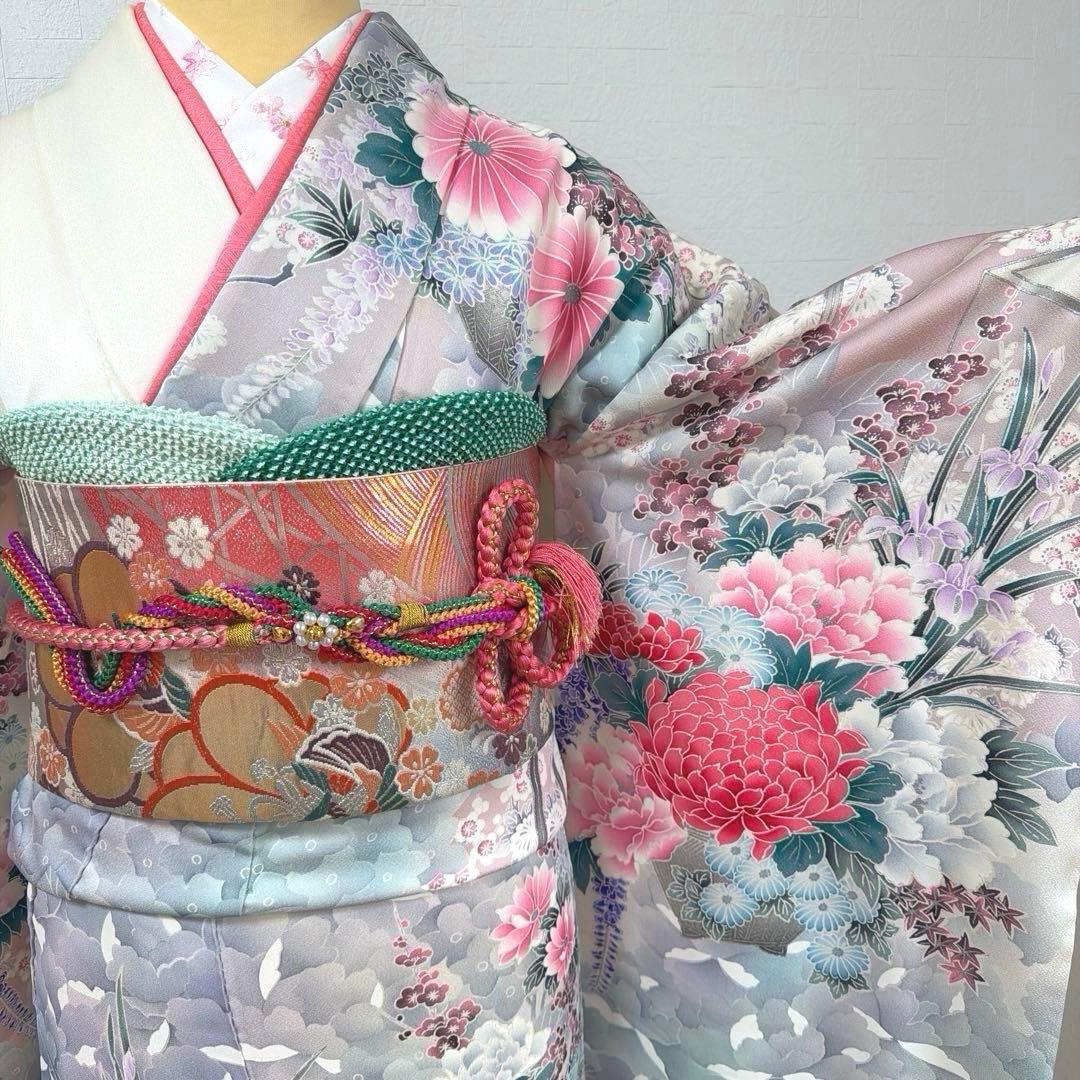 490 振袖フルセット 正絹 オフホワイト グレー 銀彩 暈し染め