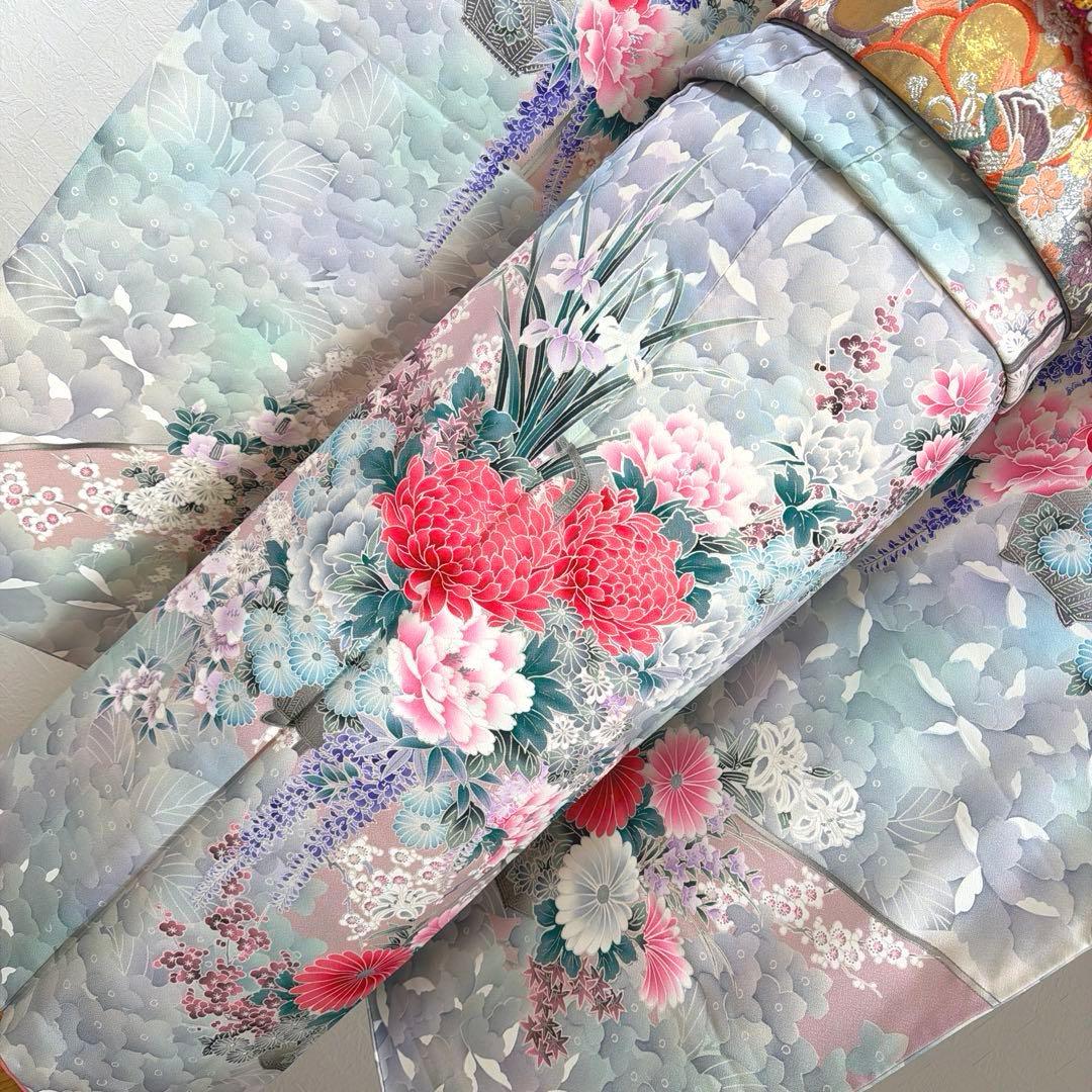 490 振袖フルセット 正絹 オフホワイト グレー 銀彩 暈し染め