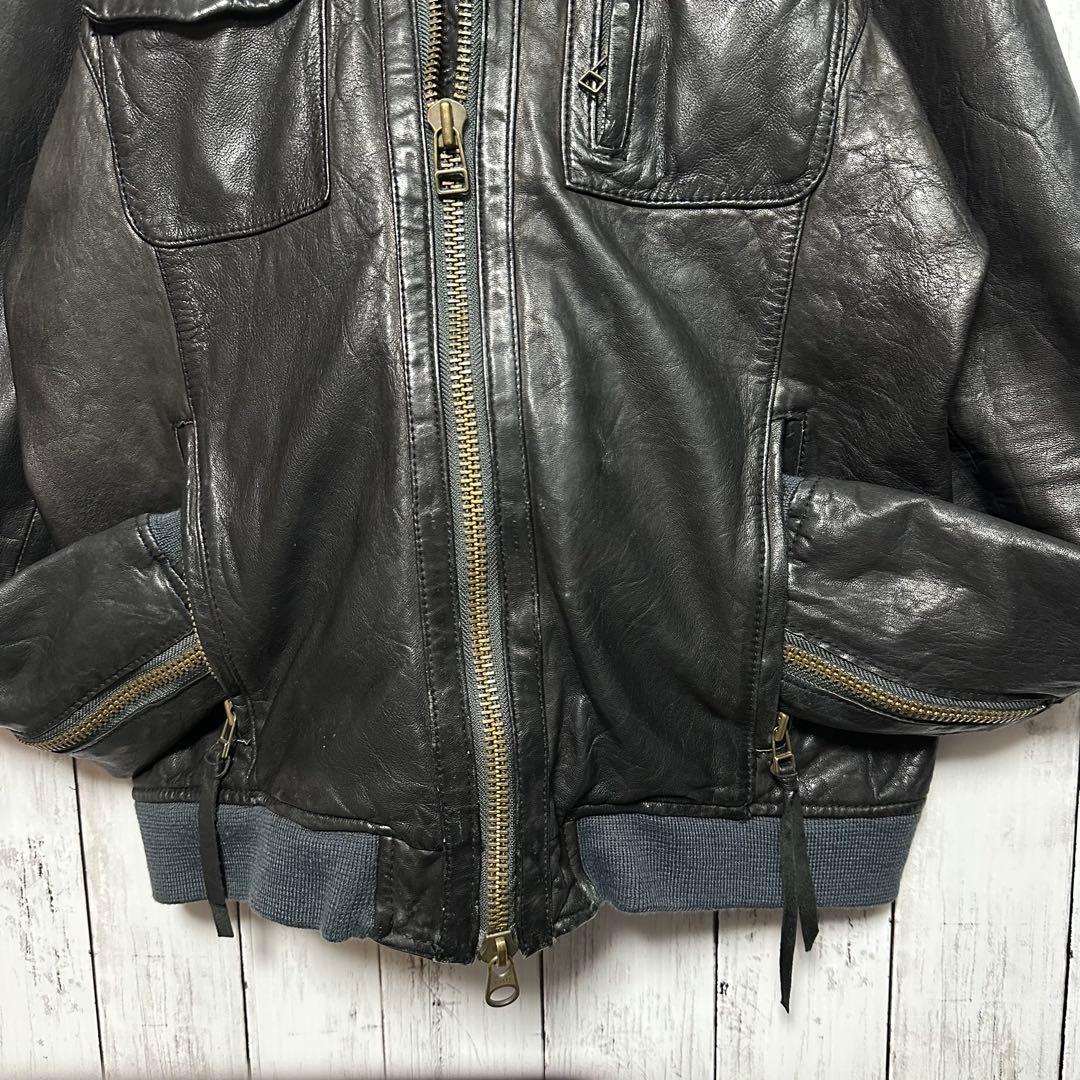 【Johnbull】本革☆シープスキン☆ライダースジャケット　ブラック　L 羊革