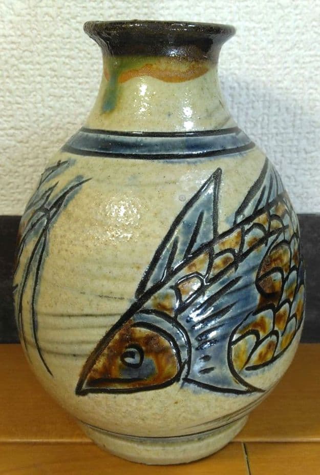 人間国宝 金城次郎 海老魚紋花瓶 栞 共箱 壺屋焼 壷屋焼 やちむん 上作花瓶