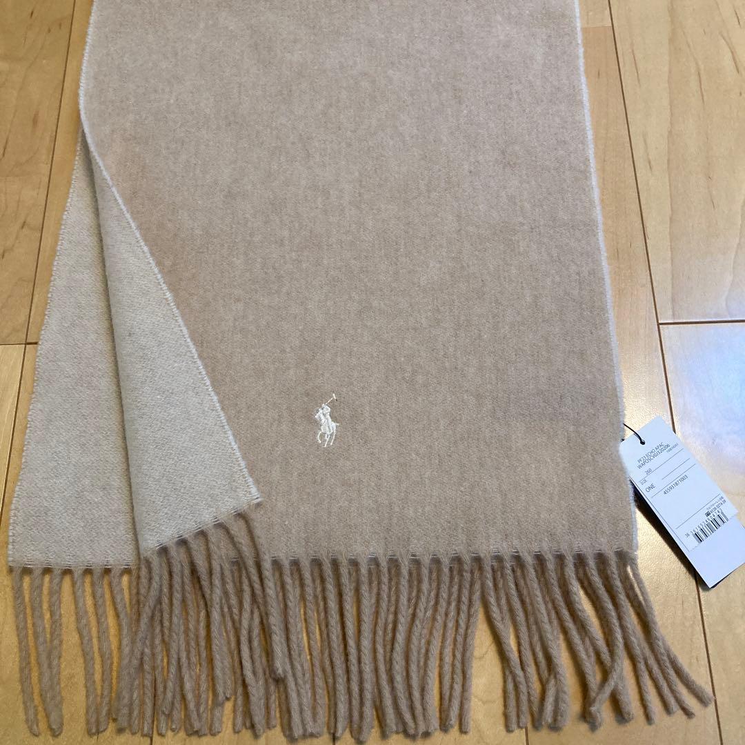 新品タグ付きポロラルフローレン/フリンジウールマフラー/イタリア製ベージュ
