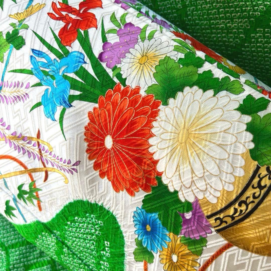 474 振袖フルセット 正絹 緑グリーン オレンジ レトロ 絞り 金彩 駒刺繍
