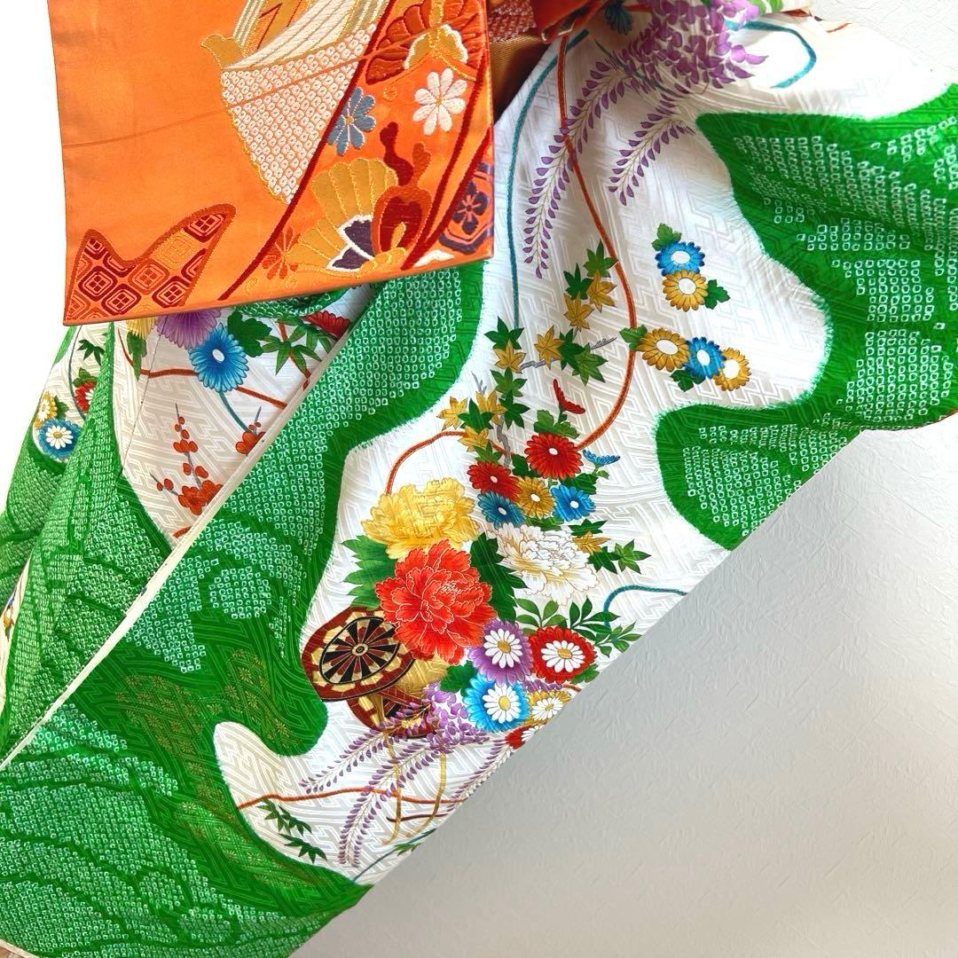 474 振袖フルセット 正絹 緑グリーン オレンジ レトロ 絞り 金彩 駒刺繍