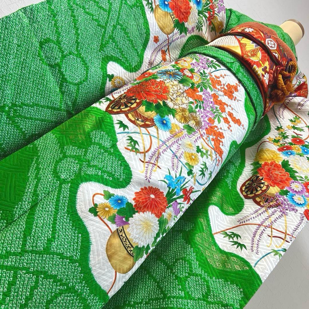 474 振袖フルセット 正絹 緑グリーン オレンジ レトロ 絞り 金彩 駒刺繍