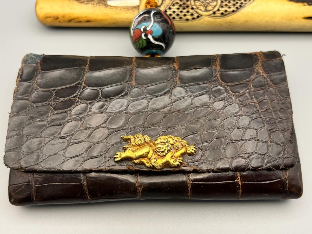 江戸明治時代　獅子図金具　骨製キセル入れ　大玉龍図根〆　銀製キセル　重量170g