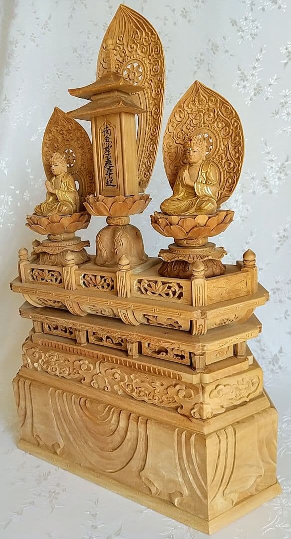 三宝尊 [中#83] 題目宝塔 釈迦如来坐像 多宝如来坐像 ◆白檀 木彫 仏像