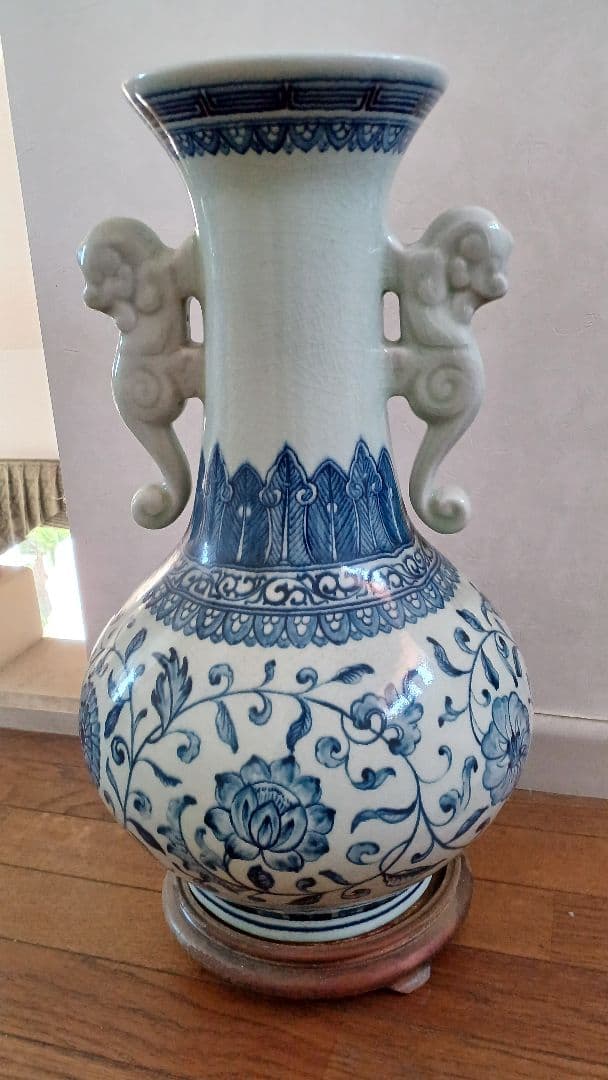 中国骨董花瓶 獅子の持ち手付き