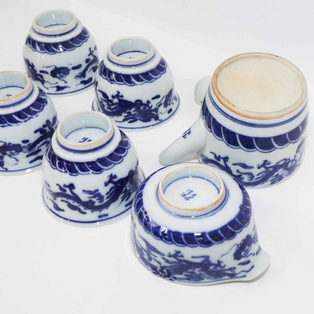 九谷焼 清陸 染付龍文 茶器 急須 湯呑 湯冷