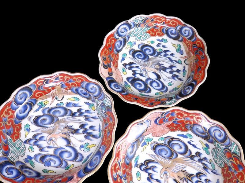 古伊万里　色絵　雲に双鶴の図　輪花膾皿　５客　B145AS-fbuz