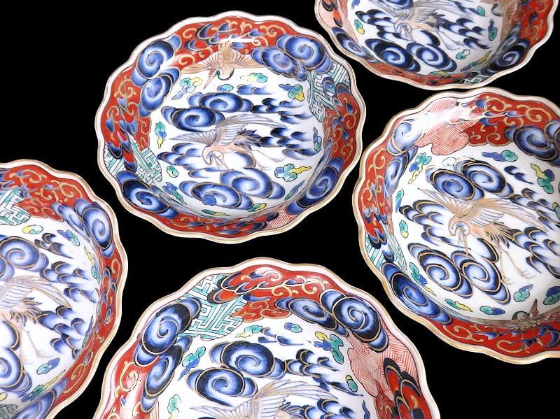 古伊万里　色絵　雲に双鶴の図　輪花膾皿　５客　B145AS-fbuz