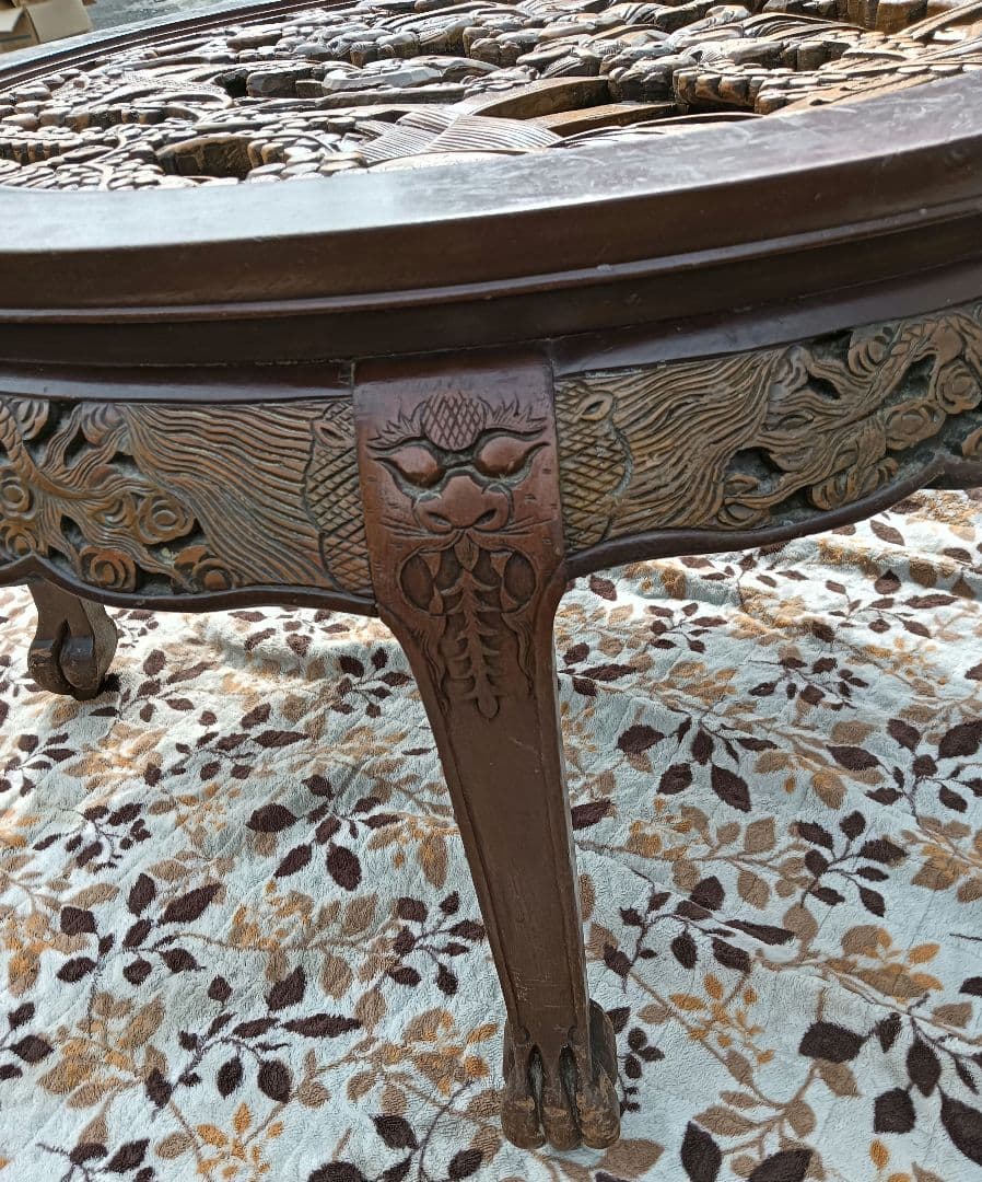 アンティーク彫刻家具 アジア 座卓 ちゃぶ台 猫脚 骨董
