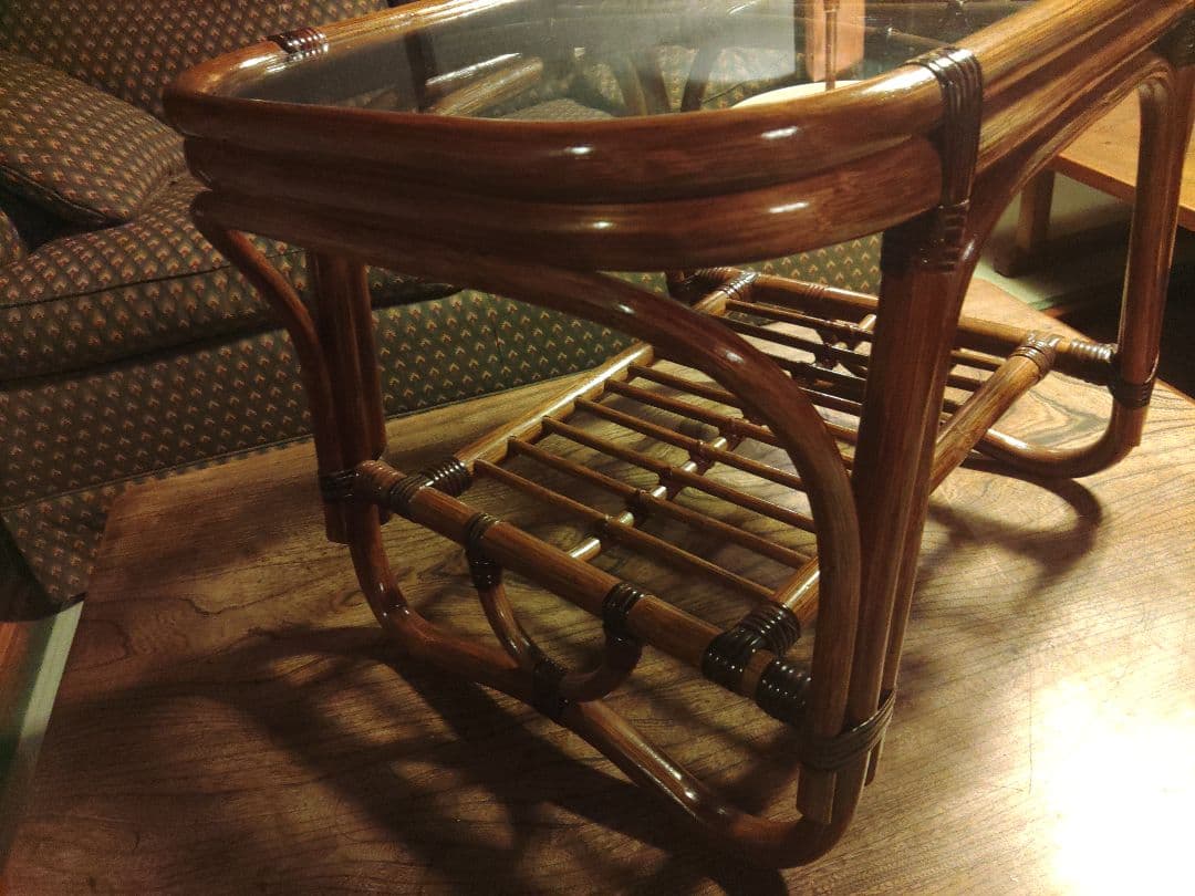 山　美品　ラタン　ガラステーブル　机　サイドテーブル　レトロ