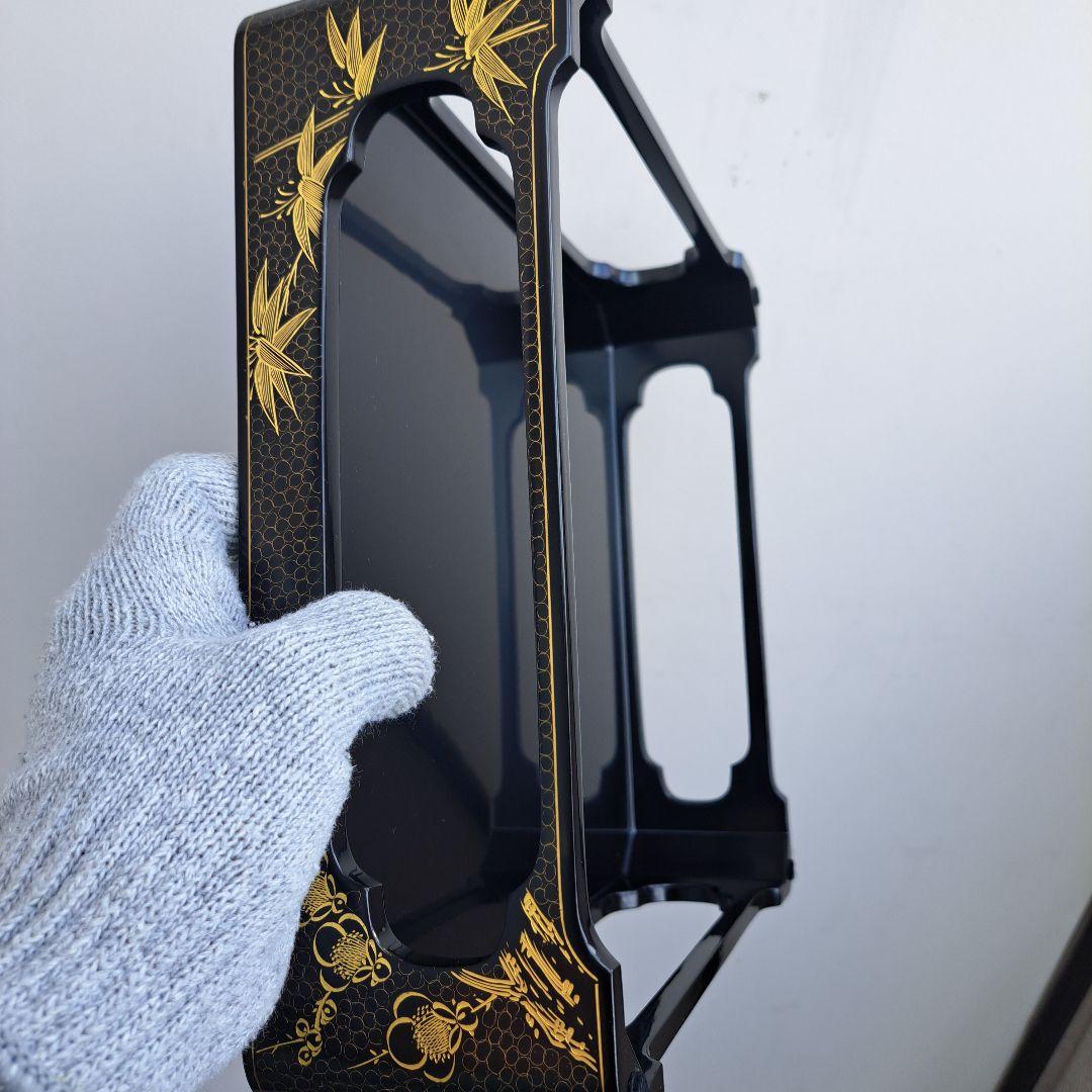 【輪島塗　7.5寸\"2段重箱&重箱台】布着本堅地　沈金\"四君子　未使用品