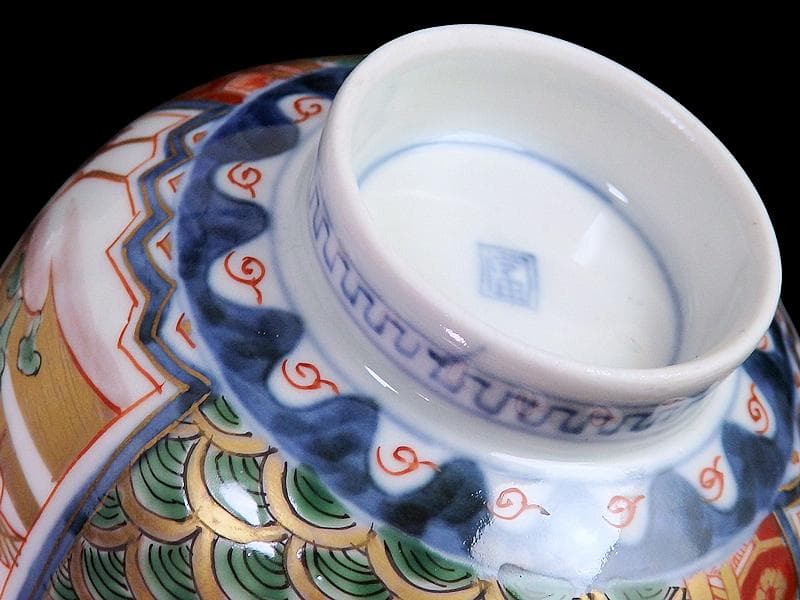 古伊万里　金襴手　亀甲に青海波　舞鶴の図　蓋茶碗　2客　E086AS-DAk