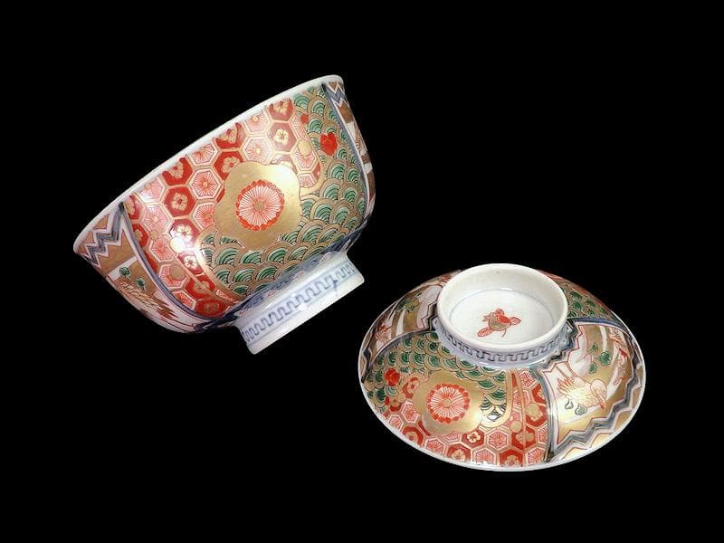 古伊万里　金襴手　亀甲に青海波　舞鶴の図　蓋茶碗　2客　E086AS-DAk