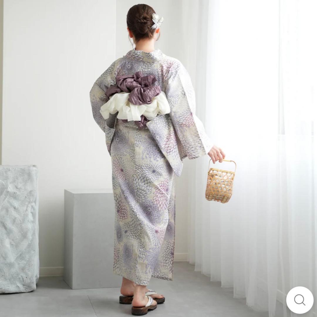 utatane ゆかた 先染め風ベージュに涼しげ糸菊　➕ 帯(ホワイト)