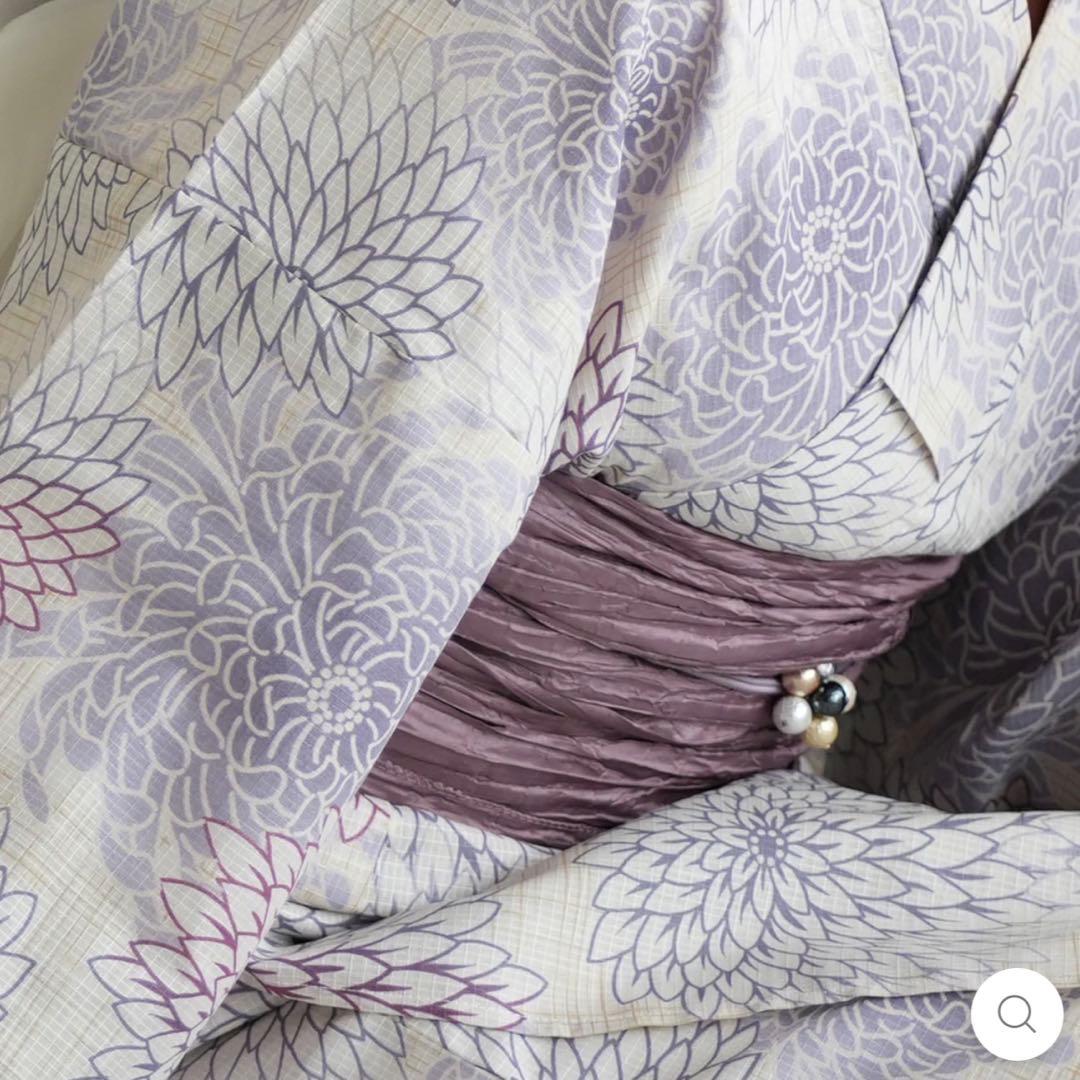 utatane ゆかた 先染め風ベージュに涼しげ糸菊　➕ 帯(ホワイト)