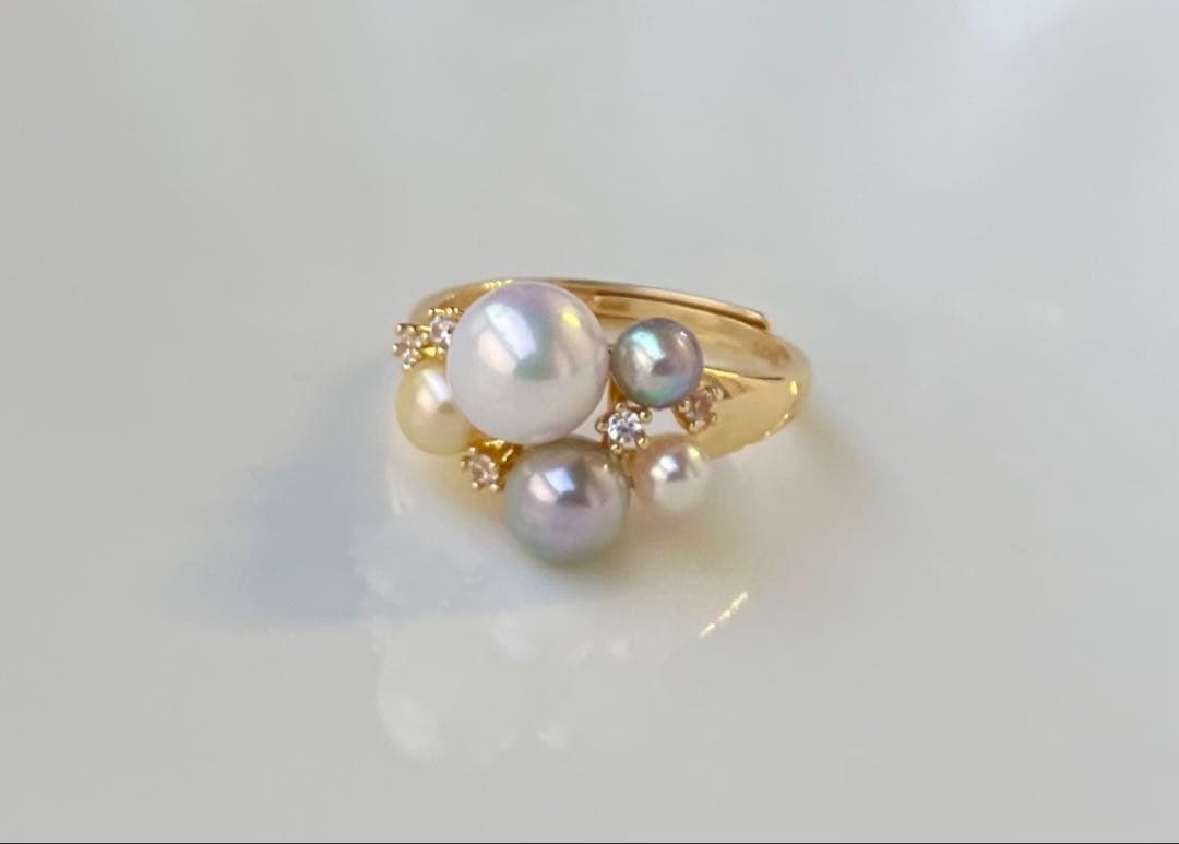 あこや真珠 ミラー調本真珠 s925リング 指輪 マルチカラー 一点物 白の序章