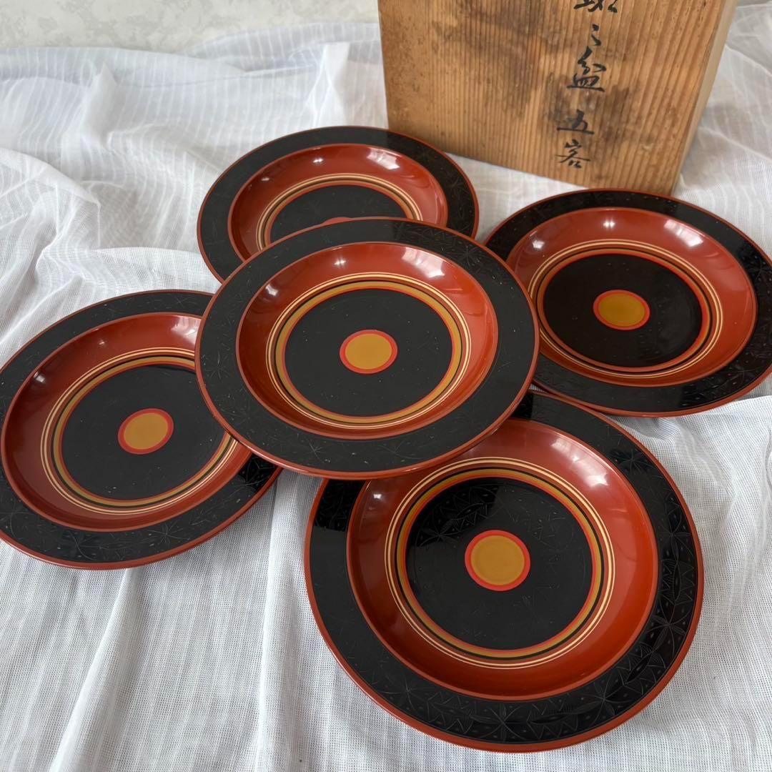 Ay95 加賀漆匠　高桑泉斎　独楽　銘々盆　五客　天然木　菓子器　古美術　骨董