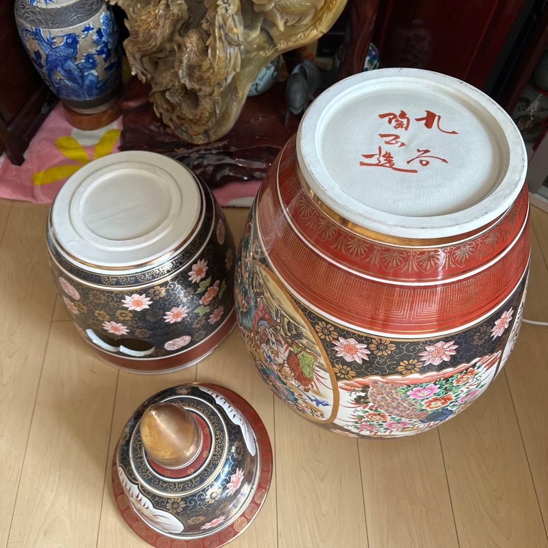 特大　九谷焼飾り壺 人物花鳥図　高さ約125cm 沈香壺 三段壺　陶芸　骨董品