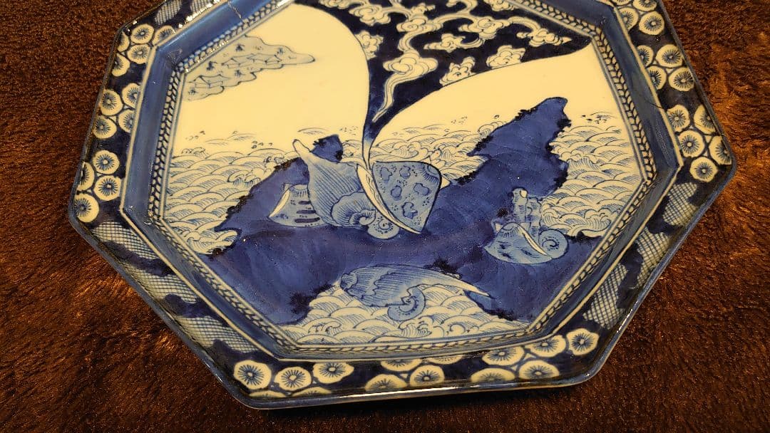 古伊万里　伊万里　染付　八角皿　龍宮城　江戸期　蔵出し　１客