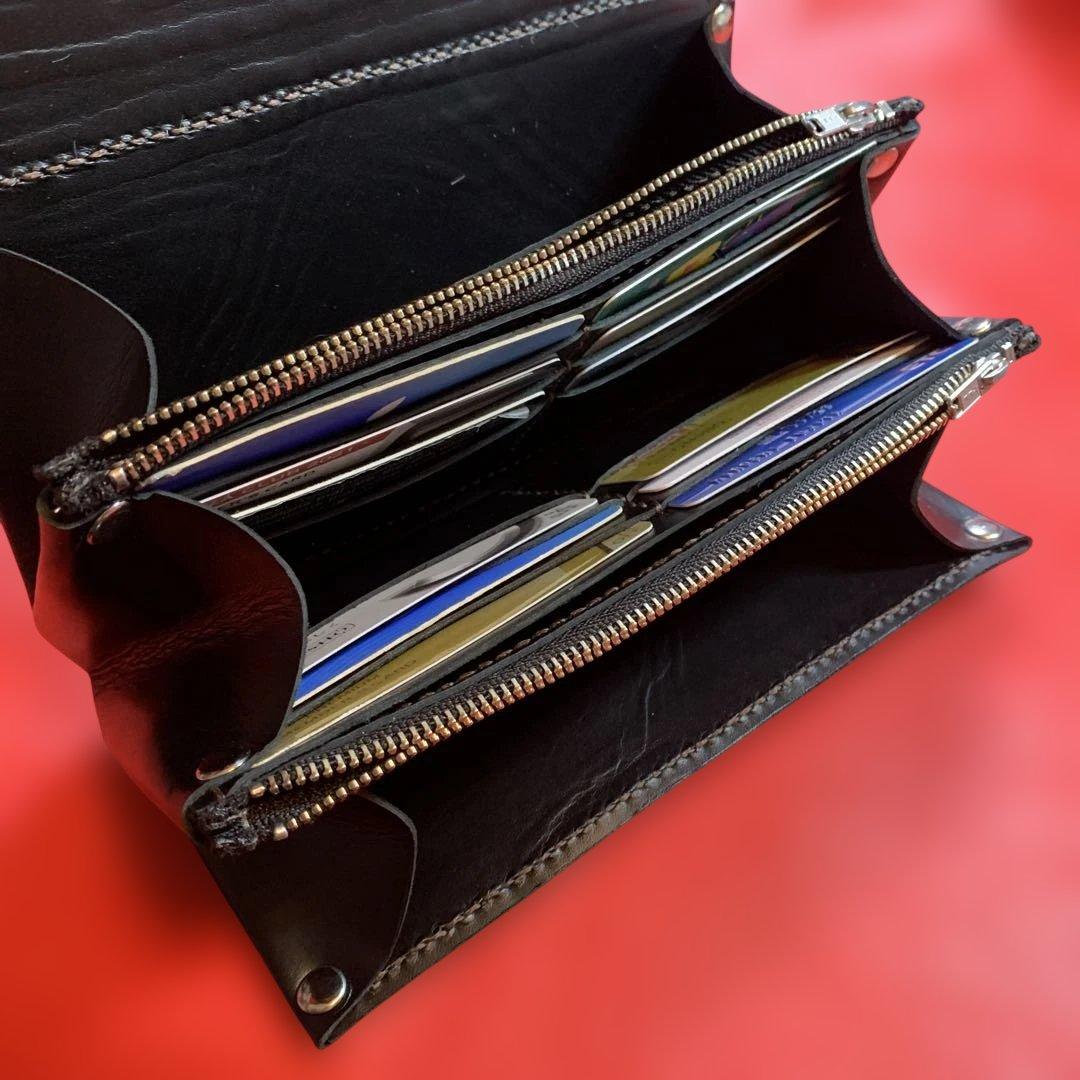 ハンドメイドレザークラフトダルメシアン柄ハラコアコーディオン長財布牛レース編み