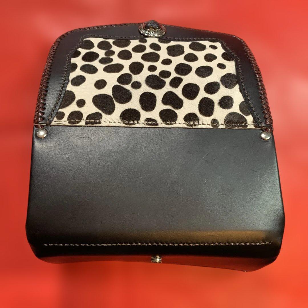 ハンドメイドレザークラフトダルメシアン柄ハラコアコーディオン長財布牛レース編み