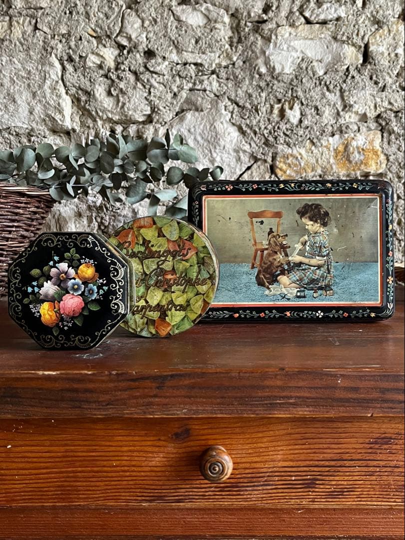 ◆フランス雑貨｜ティン缶セットブリキ缶お菓子箱ケースサビあり花柄キャンディー