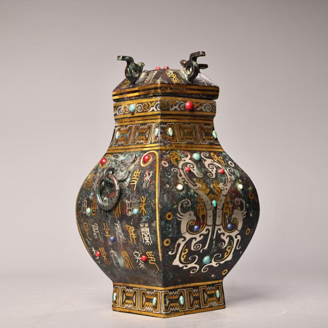 中国古美術 珍蔵 錯金銀 宝石嵌 青銅方花瓶 純青銅製 風水開運 文房置物