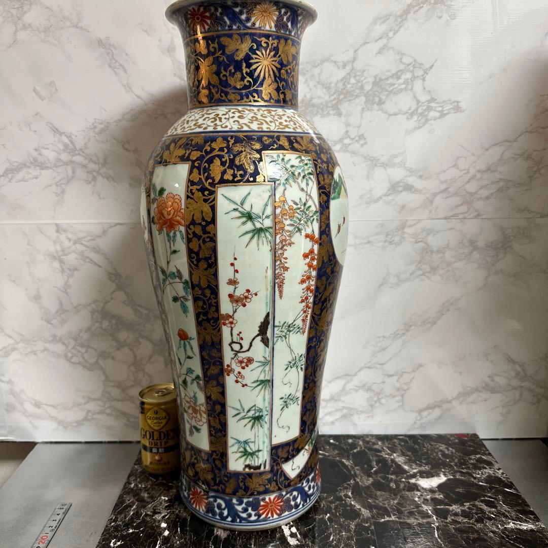 献上手、在名、特大、50センチ、古伊万里、金彩花鳥、人物、図、大花瓶。