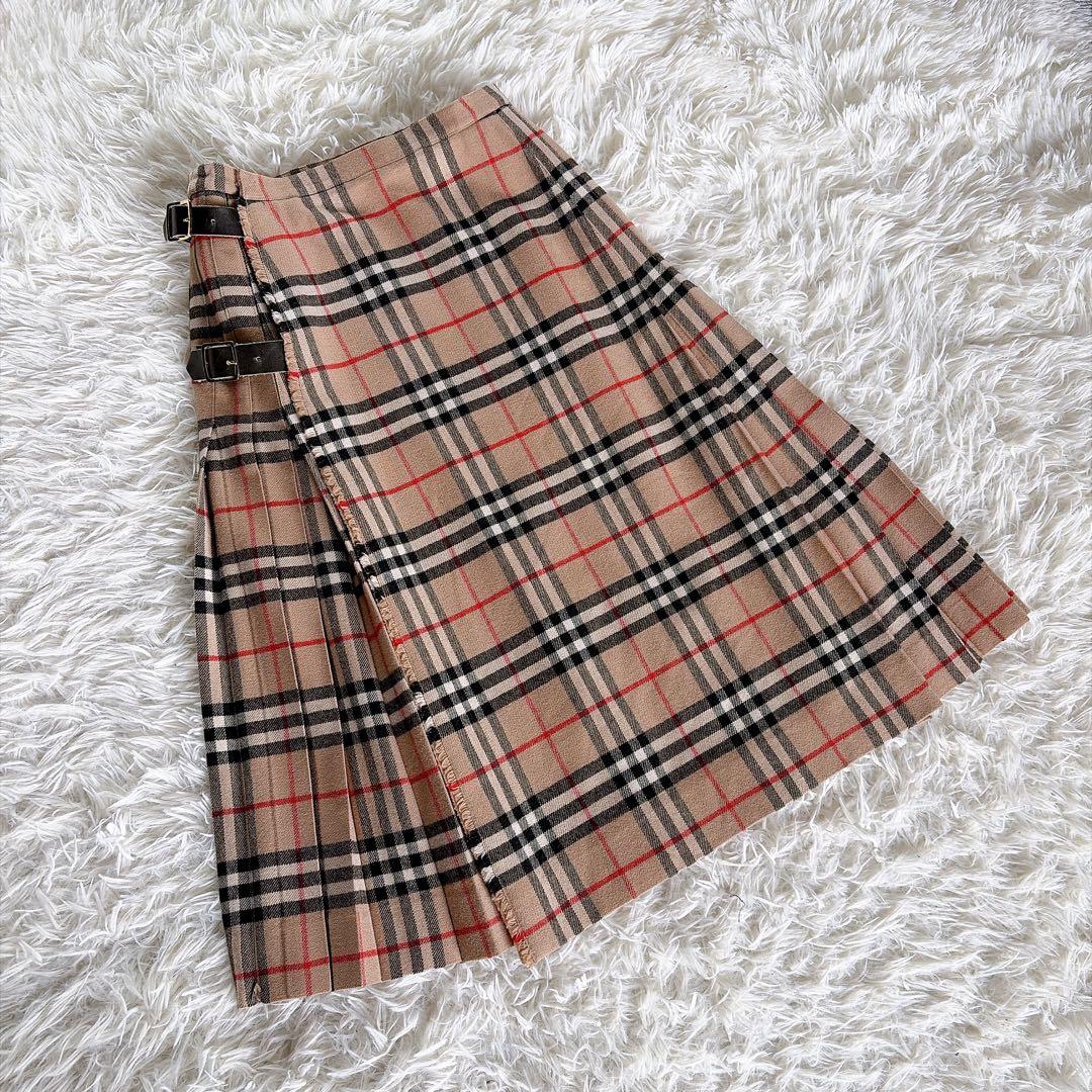美品✨【バーバリーズ】ウール100%巻きプリーツスカート ノバチェック ベージュ