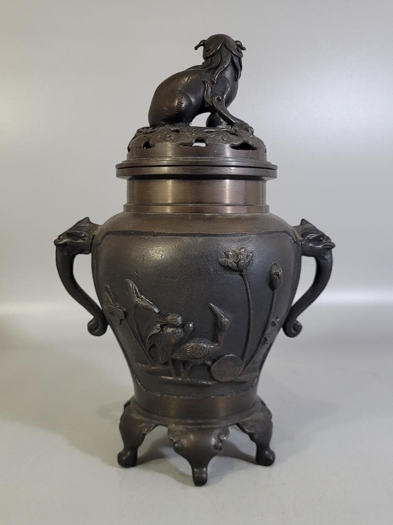 銅 獅子蓋 松鶴 蓮鶴 窓図 香炉 菊紋 DT277