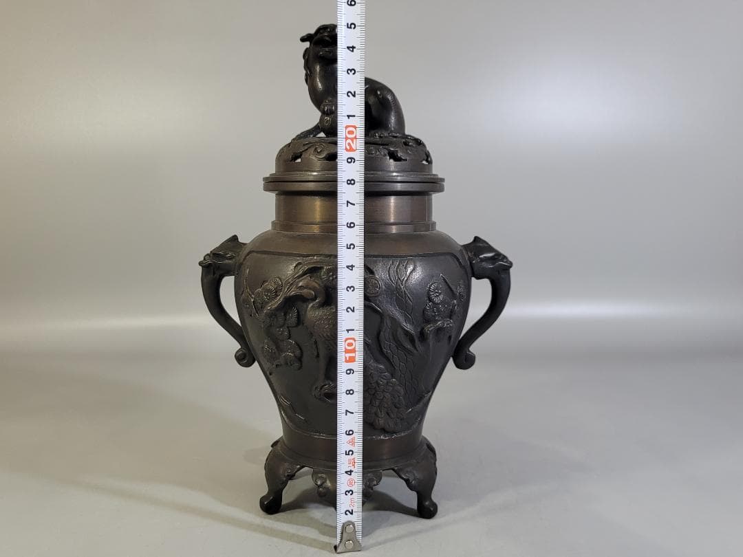 銅 獅子蓋 松鶴 蓮鶴 窓図 香炉 菊紋 DT277