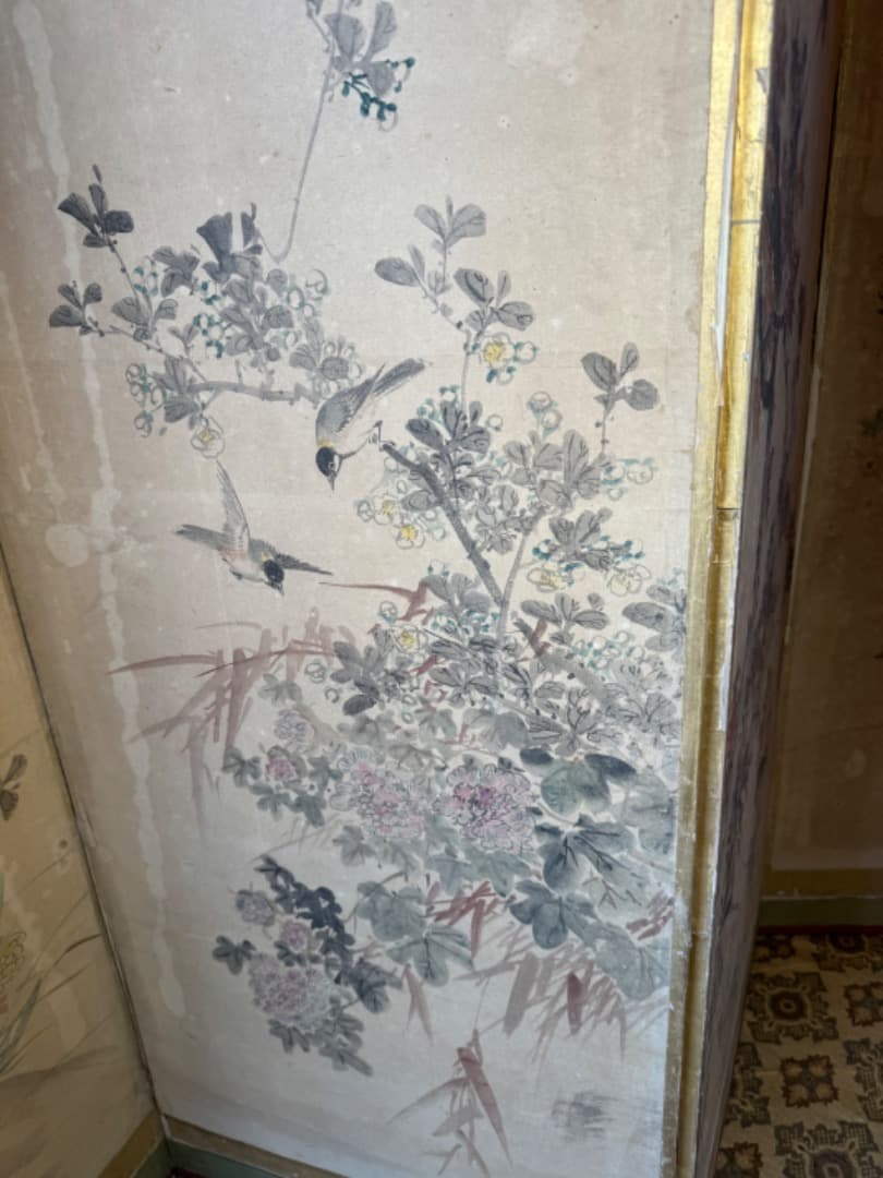 江戸後期 ~ 明治初期 六曲屏風 二点セット 鳥花図 美品 アンティーク
