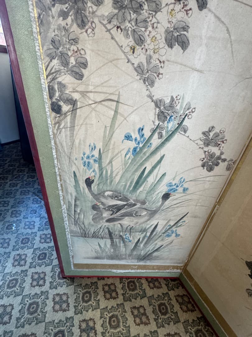 江戸後期 ~ 明治初期 六曲屏風 二点セット 鳥花図 美品 アンティーク