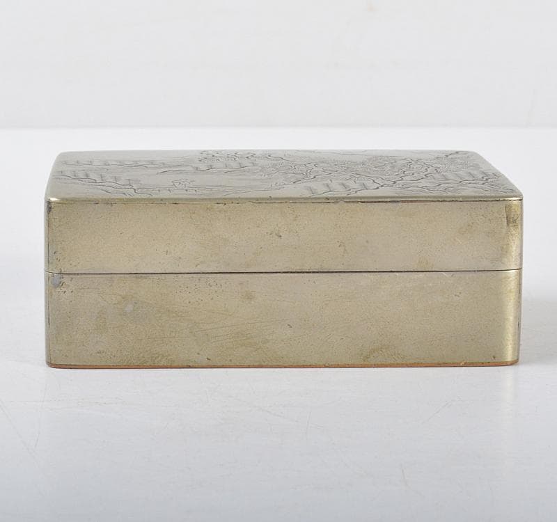 中国美術　古銅　山水人物刻　墨箱　松鶴銘 C R4316