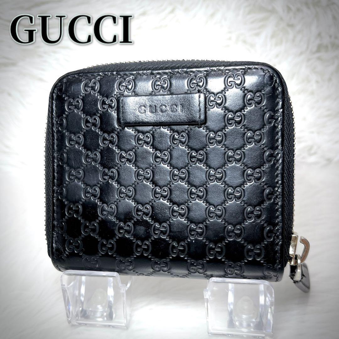 極美品 GUCCI マイクロGG シマ 2つ折り財布 レザー ラウンドジップ 黒
