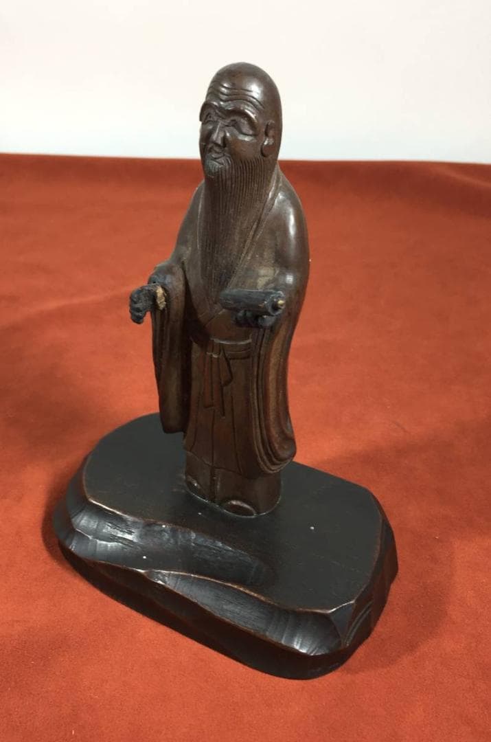 仙人 木彫り 人形 線密彫刻 約14.5cm 巻物 仏像 仙人像 中国美術 古玩