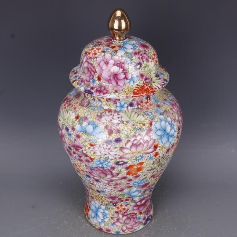 清 雍正 蒔金粉彩 万花紋将軍缶 景徳鎮 陶磁器 装飾品 現代工芸品美術品 置物